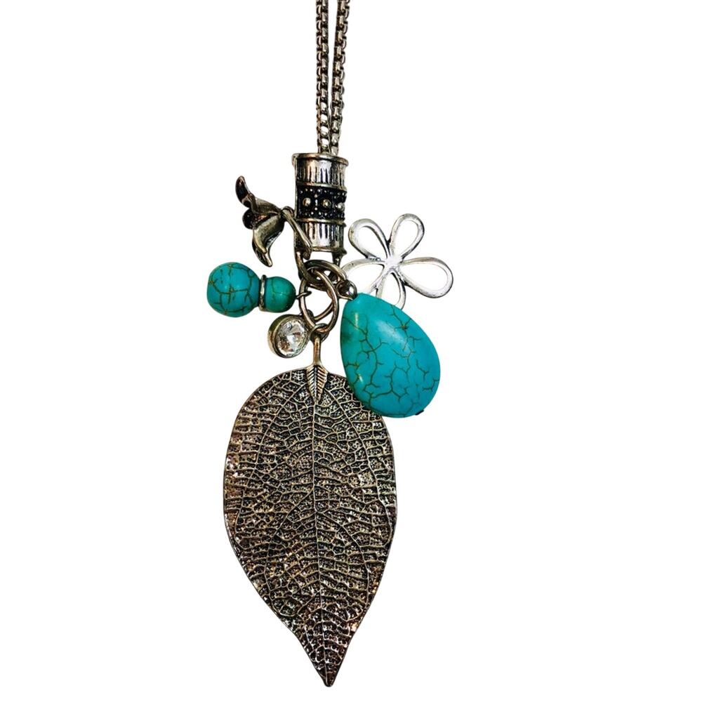 Trendy Long Necklace Faux Silver Turquoise Charms - Picture 10 of 16